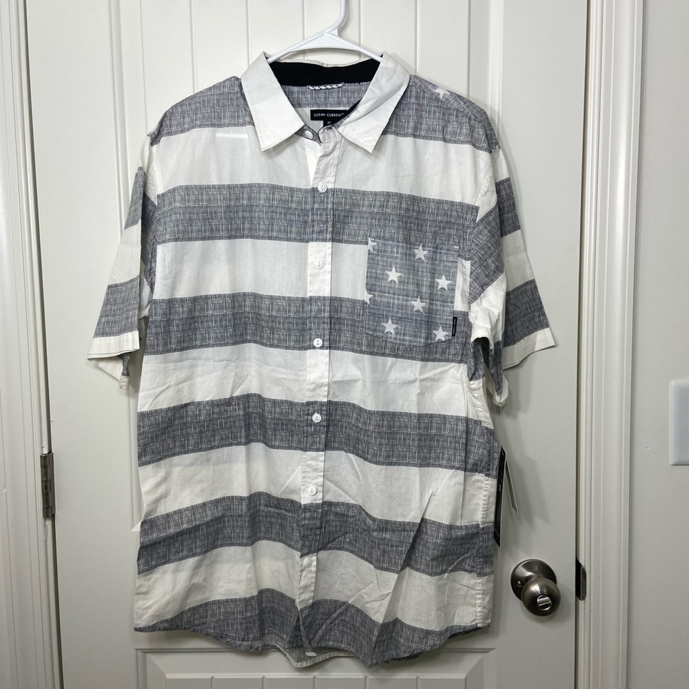 NEW Ocean Current men’s gray white striped star pocket button down shirt top XL